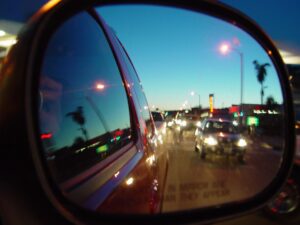 View in car's rear view mirror